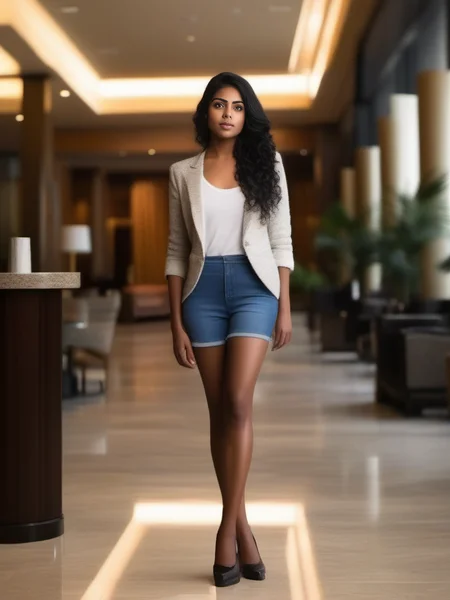 desiespresso, woman, natural lighting, studio quality, in a hotel lobby, full body, black hair <lora:DesiCoffeeSDXL:0.65>