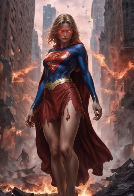 High resolution ultra-realistic of Beautiful Supergirl fighting against alien invasion, cinematic style, standing on a bloody and stormy battlefield in a fighting pose, bloody massacre, fire, realistic combat costume, red mini skirt, perfect athletic figure, wavy blonde hair, handsome dirty bloody face, beautiful perfect detailed pupils, wet oily shiny skin, beautiful firm Breasts, defiant and seductive, sexy 20 year old girl, 8k resolution concept art portrait by Greg Rutkowski, Dark Gotham City, Artgerm, WLOP, Alphonse Mucha, dynamic lighting, hyperdetailed, intricately detailed, Splash art trending on Artstation triadic colors, Unreal Engine, 5 volumetric lighting, Cinematic Lighting, intricate, smooth, sharp focus digital painting, Asymmetrical Balance, painting, dynamic lighting