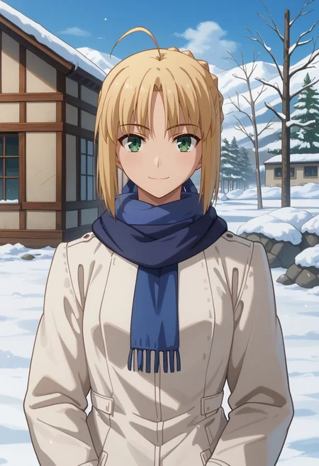 score_9,
<lora:FateStayNightUBW_SaberXL:0.9>, SaberFS,
1girl, solo, closed mouth, light smile,
blonde hair, green eyes, short hair, french braid, ahoge,
SaberJacket, white coat, blue scarf,
standing, looking at viewer,
outdoors, snow