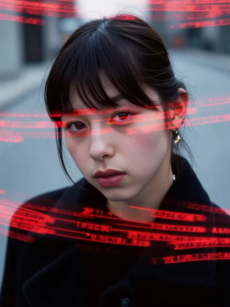There are wonderful studio lights and various reflections,
18yo beautiful cute girl with blushing and female orgasm.skin naturally showing the texture of blood vessels and detailed pale skin,
--,
<lora:Nakajo_Ayami_f1:1>,she is Nakajo Ayami, Lines of Movement, HAS12345.3FR, A close-up of a young womanâs face dominates the frame, partially obscured by streaks of fast-moving digital text in red and black. Her expression is calm and composed, her dark eyes focused ahead with a quiet intensity. The lighting is soft and cool, highlighting the smooth texture of her skin and her hair, which blends with the shadows of her black coat. The woman stands in an urban setting, but the background is blurred with motion, fading into soft grays and blues, indicating the city but leaving it abstract.The red streaks of digital text, sharp and bright, cut across the scene horizontally, giving the image a futuristic, cyberpunk feel. The contrast between the womanâs soft, natural features and the harsh, glowing text creates tension, as though she exists between two worldsâone of calmness and one of fast-paced digital information. The composition draws the viewerâs eye to the womanâs face while also directing attention to the moving text that surrounds her. The interplay of light and shadow is subtle, allowing the glowing text and the woman's focused gaze to take precedence.The overall atmosphere is mysterious and slightly futuristic, evoking themes of technology, modern life, and isolation in a digital world. The image suggests a person in tune with both the physical and digital environments, navigating between them with ease.,,