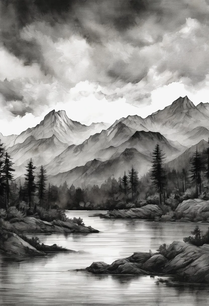 score_9, score_8_up, score_8_up, ((Cinematic composition)),((masterpiece)), (resplendent lighting), absurdres, very fine detail, 8k. Deep rich colours.
Charcoal and ink. a traditional Chinese landscape with mountains, a lake, stormy skies, pine trees and palette knife textures, sunset through the clouds, modern art. 
<lora:sdxl_lightning_8step_lora.safetensors:1.0>, <lora:add detail xl.safetensors:1.5>