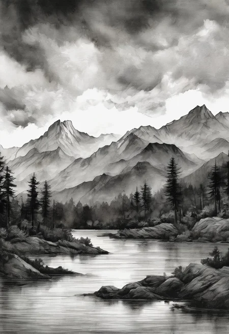 score_9, score_8_up, score_8_up, ((Cinematic composition)),((masterpiece)), (resplendent lighting), absurdres, very fine detail, 8k. Deep rich colours.
Charcoal and ink. a traditional Chinese landscape with mountains, a lake, stormy skies, pine trees and palette knife textures, sunset through the clouds, modern art.
<lora:sdxl_lightning_8step_lora.safetensors:1.0>, <lora:add detail xl.safetensors:1.5>