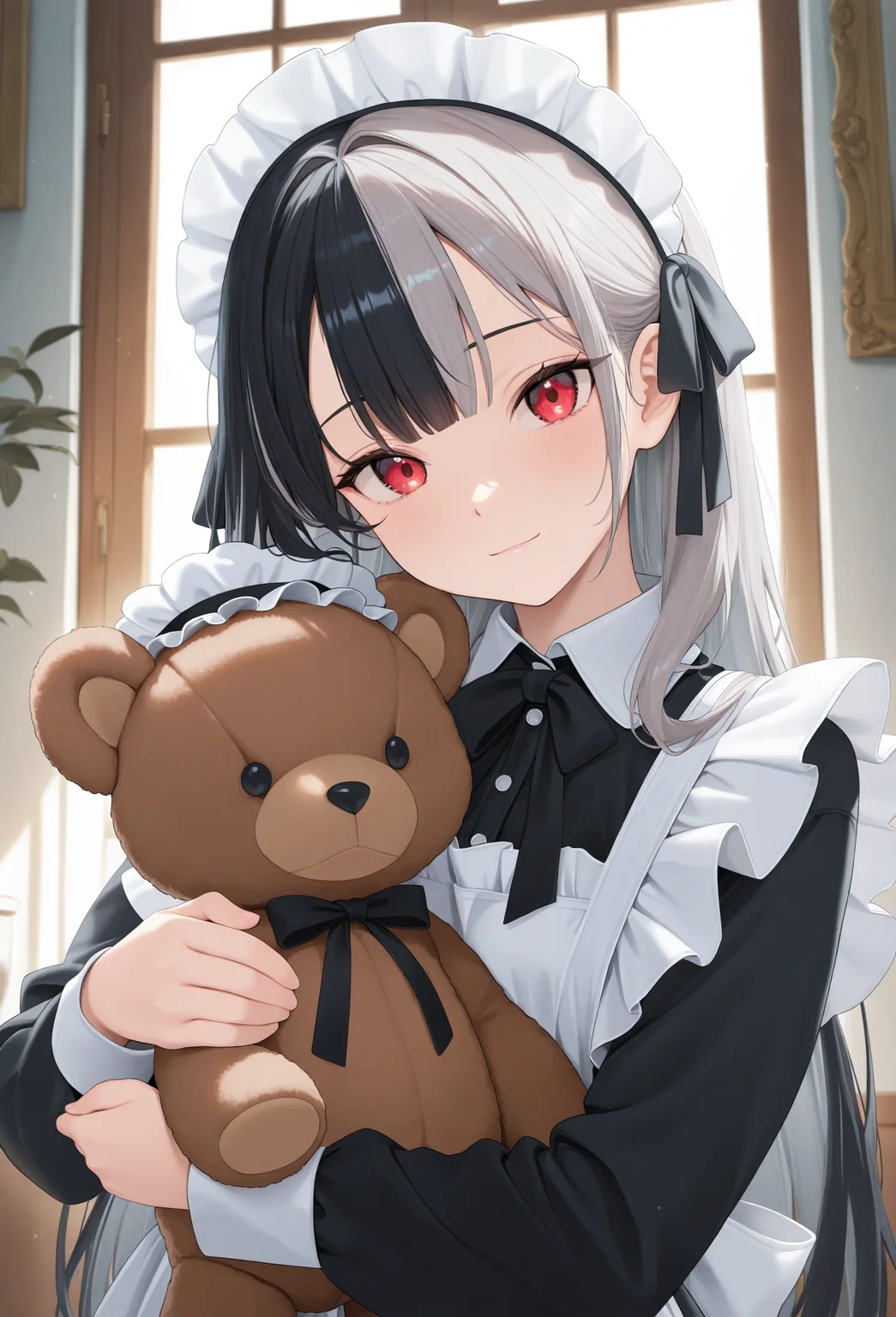 1girl, masterpiece, solo, maid, long hair, grey hair, red eyes, maid hat, black dress, long sleeves, white maid apron, black bangs, indoors, light smile, looking at viewer, multicolored hair, black hair, upper body, hair ribbon, holding stuffed toy, teddy bear,