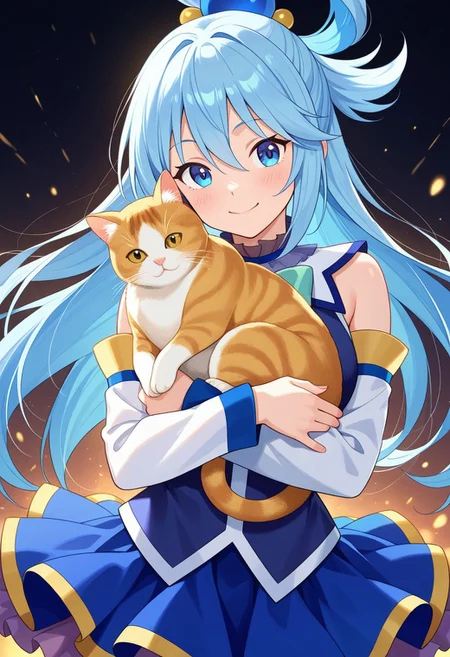 vibrant anime image, masterpiece, colourful, Aqua (Konosuba) holding a cat