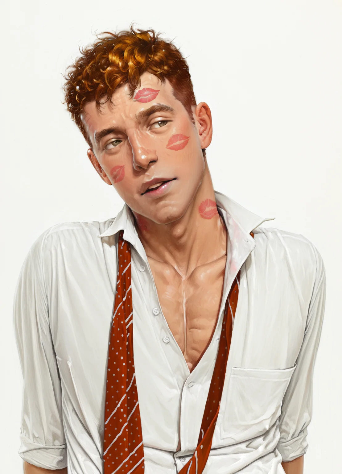 masterpiece, best quality, amazing quality, very aesthetic, absurdres, realistic, photorealistic, norman rockwell,

(1boy, male focus, bara:1.1), solo,

(lipstick mark on face:1.4), (lipstick mark on neck:1.2), disheveled,

orange hair, (short hair, messy hair:1.2), (head tilt:1.1), polka dot, undone necktie, loose necktie, partially unbuttoned, collarbone, wrinkled fabric, collared shirt, white shirt, long sleeves, pectoral cleavage,

upper body, straight-on, facing viewer,

white background, simple background, looking to the side, nose, dazed, (parted lips, open mouth:0.85), expressionless, ugly, leaning back, arm support, sitting, muscular male, handsome, (wided eyes:0.9), lipstick mark on clothes, red stained shirt, lipstick mark on chest
