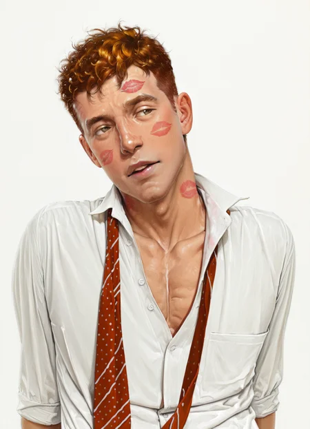 masterpiece, best quality, amazing quality, very aesthetic, absurdres, realistic, photorealistic, norman rockwell,

(1boy, male focus, bara:1.1), solo,

(lipstick mark on face:1.4), (lipstick mark on neck:1.2), disheveled,

orange hair, (short hair, messy hair:1.2), (head tilt:1.1), polka dot, undone necktie, loose necktie, partially unbuttoned, collarbone, wrinkled fabric, collared shirt, white shirt, long sleeves, pectoral cleavage,

upper body, straight-on, facing viewer,

white background, simple background, looking to the side, nose, dazed, (parted lips, open mouth:0.85), expressionless, ugly, leaning back, arm support, sitting, muscular male, handsome, (wided eyes:0.9), lipstick mark on clothes, red stained shirt, lipstick mark on chest