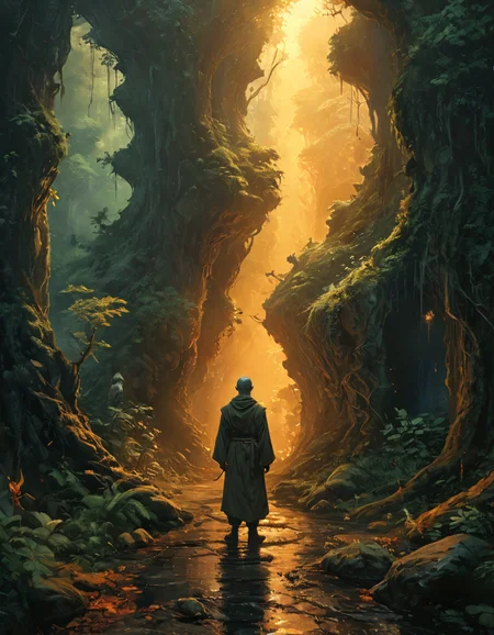 concept art, painting of a monk standing in the middle of a (forest:1.3), high fantasy matte painting, entrance to a dark tunnel, artwork about a road to freedom, centered in image, detailed scenery, enigmatic dreamscape surrealistic, (style of Alexis Franklin, Craig Mullins, Okuda San Miguel, Tom Bagshaw, artgerm:1.1)