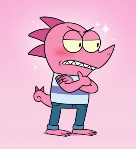 high resolution, best quality, 3d, 3d render, embarrased, blushing, looking away, holding arm, sparkles, sparkling, pink background, <lora:Chameleon_Jr_-_OK_KO_LBH_Illust:0.95> chameleon jr, scalie, chameleon, toony, head spikes, pink skin, arm tattoo, tail, curled tail, sharp teeth, pointy nose, yellow sclera, black eyes, tail spikes, striped shirt, jeans