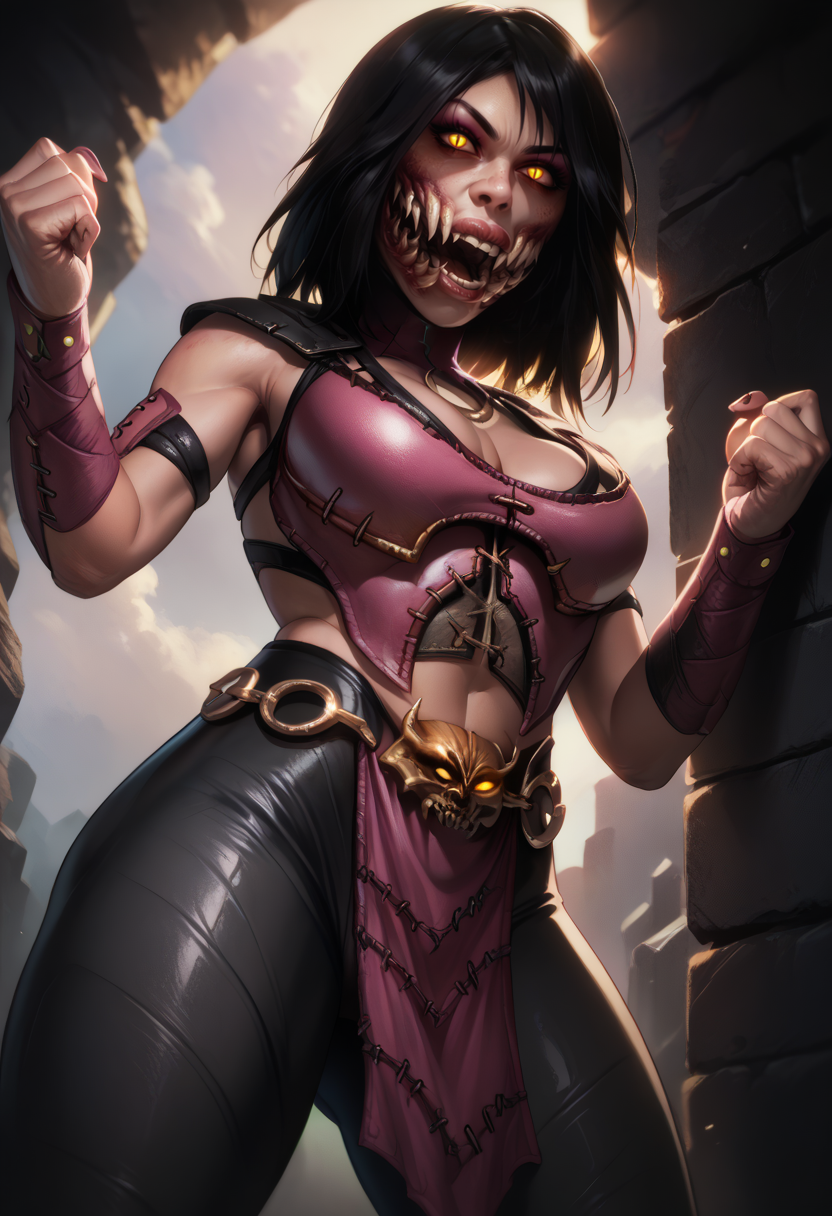 score_9,score_8_up,score_7_up,glowing eyes,
mileenamk10,black hair,yellow eyes,medium hair,slit pupils, open mouth, 
pink top,cleavage,stitched,leather armor,belt chain,tight black pants,o-ring,pelvic curtain,
lips,extra teeth,looking at viewer,from below, 
fighting stance,
dungeon,underground,
<lora:Mileenamk10:0.9>,