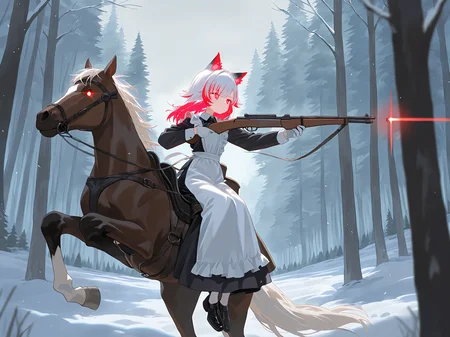 <lora:nai_ILL:0.8>,
<lora:Glowing_Spot_Color_-_Illustrious:0.6>, glowing eyes, streaked hair, glowing inner hair, glowing streaks,
1girl,solo,long_hair,gloves,long_sleeves,dress,holding,animal_ears,weapon,white_hair,outdoors,frills,shoes,cat_ears,white_gloves,black_footwear,holding_weapon,apron,black_dress,tree,gun,maid,animal,holding_gun,nature,white_apron,rifle,snow,maid_apron,forest,riding,horse,bare_tree,aiming,horseback_riding,reins,saddle