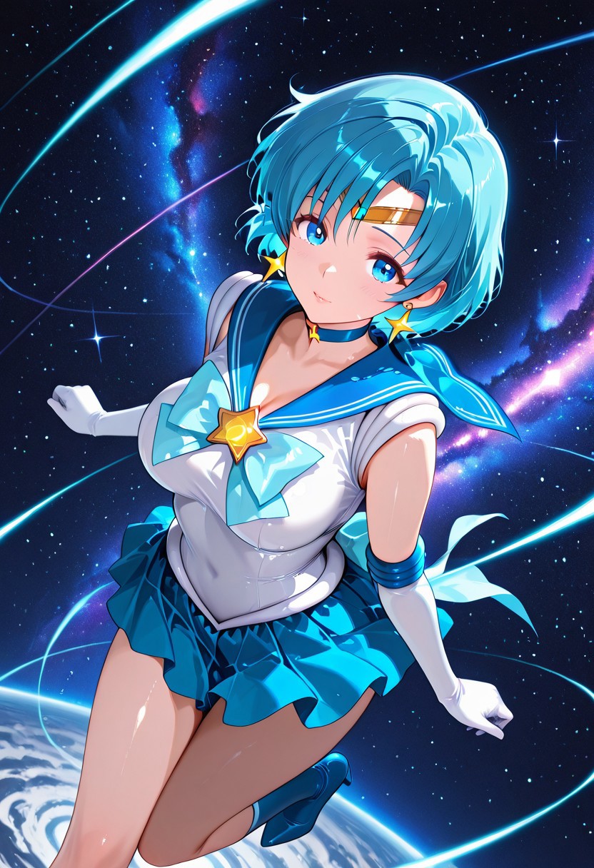 general,highres, ultra-detailed,very aesthetic,best quality ,best hands, BREAK <lora:AshMixVpred_v1:1>highest quality, extremely detailed, 4k, 8k, amazing quality, masterpiece,EasyNegative_v2, (best quality:1.1), 1girl, cowboy_shot, solo, score_9,score_8_up,score_7_up,source_anime, 1girl, (((master piece:1.2))),(((best quality:1.2))),(((ultra detailed))),(((1girl))),(((intricate))),(((anime screencap))),(((very aesthetic:1.2))),(((galaxy background))),(((absudres:1.2))),(((embroidered))),(((scenery))),((extremely detailed CG)),(dynamic angle:1.4), BREAK, score_9, score_8_up, score_7_up, 1girl,1woman, (score_9, score_8_up, score_7_up), extreme detail, mario galaxy artstyle, 1girl, perfecteyes, 20years old, detail1eye, mature female, looking at viewer, (dynamic angle:1.4)aged up, mature female, adult mizuno ami, BREAK, Ami Mizuno is the main character of super mario galaxy, illustartion of ami mizuno in the style of super mario galaxy, super Mario galaxy concept art, blue hair, short hair, blue eyes, earrings, blue choker, sailor senshi, sleeveless, elbow gloves, white gloves, blue skirt, blue boots, circular smoke trail glaze, full body shot, in action, ( circular dynamic pose :1.2) space, galaxy,