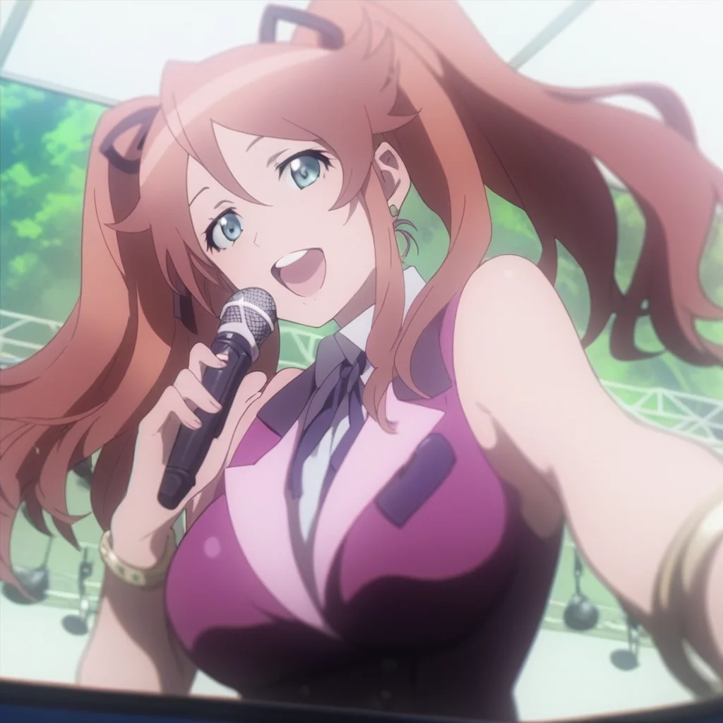 score_9,score_8_up,score_7_up, aya_sugihara, 1girl, microphone, twintails, solo, open mouth, breasts, bracelet, long hair, jewelry, brown hair, singing, large breasts, idol, music, holding microphone, ribbon, smile, hair ribbon, reaching, sleeveless, pink waistcoat, white collared_shirt,