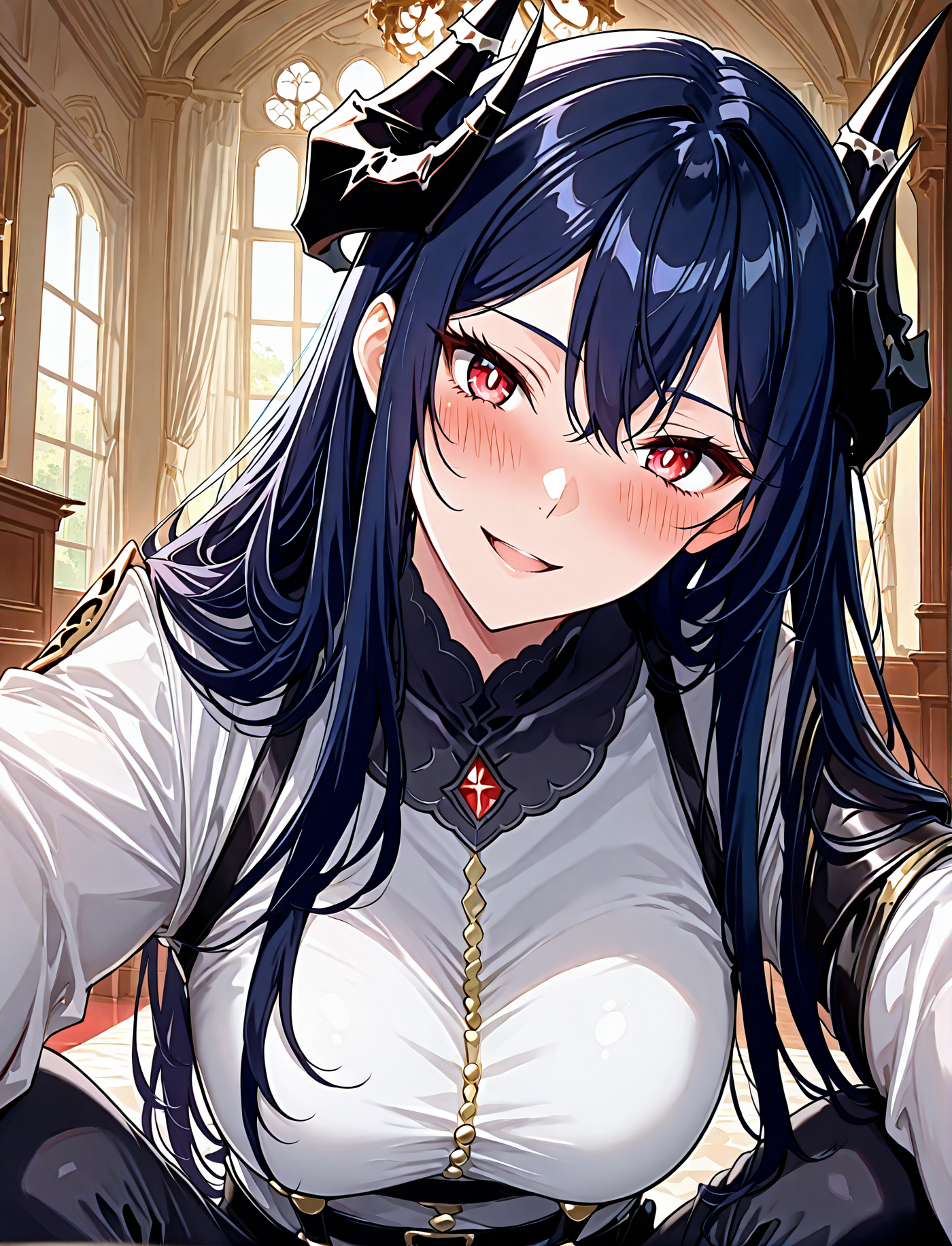 <lora:Caera_Denoir__The_Beginning_After_the_End__Illustrious (1):1>
Caera Denoir, 1girl, solo,dark blue hair, long hair, intricate demon horns, red eyes, tight white blouse with golden buttons, , high-waisted black fitted pants, black gloves, black high-heeled boots, gothic armored shoulder pad, 
score_9, score_8_up, score_7_up, score_6_up, source_anime, rating_explicit, 1girl, solo, smile, embarrassed, alcalose eyes, open mouth, mansion, indoors, looking at viewer, outstretched arms, pov, close-up, (head tilt:1.2)