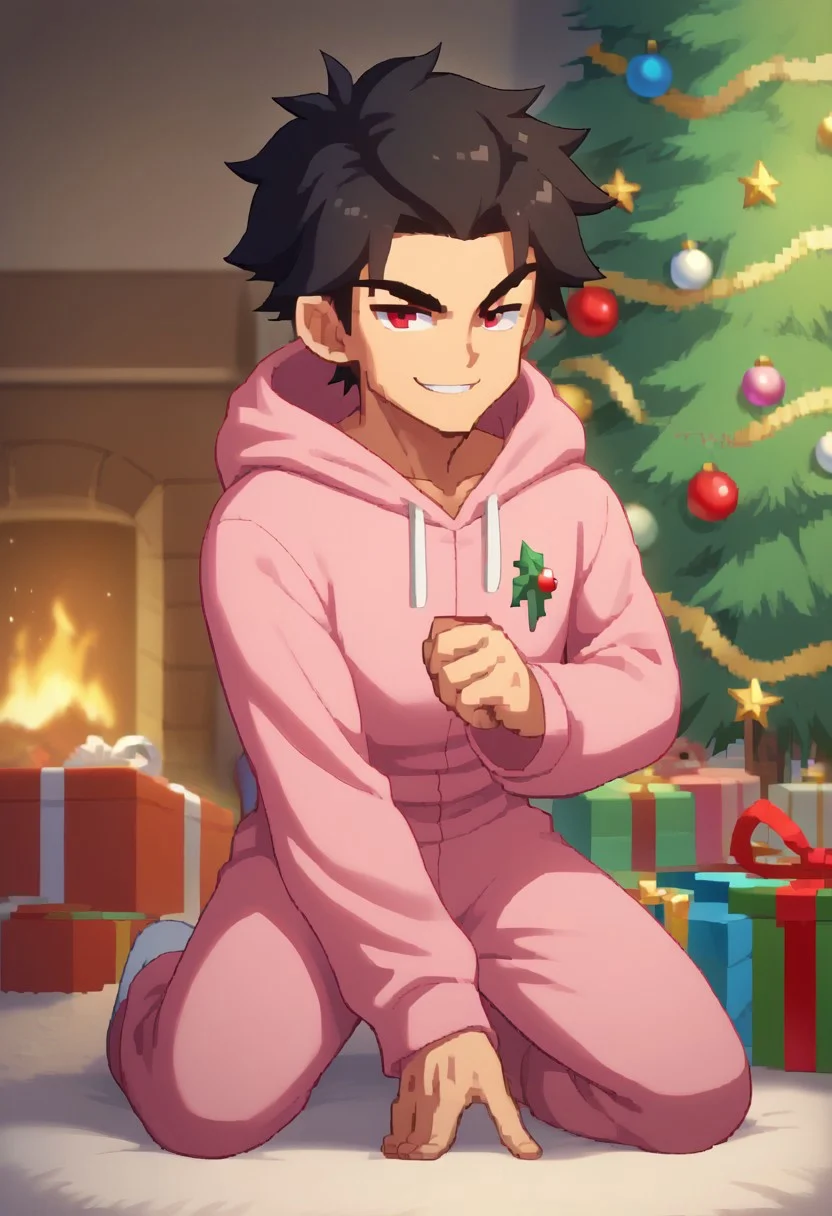 score_9, score_8_up, score_7_up, masterpiece, sz4d3k, BREAK
solo, 1boy, human, young, cute, red eyes, black hair, pale skin, naughty face, pink onesie, on knees,
presents, christmas tree,