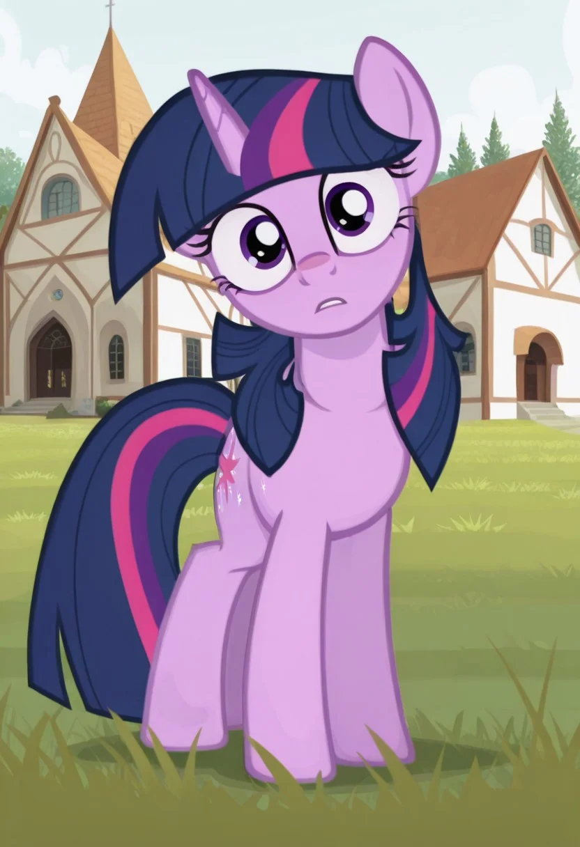 masterpiece, best quality, amazing quality, YamamotoXLP,, retro artstyle, comic,, doujin cover,, 1girl, solo, pony, twlghtsprklil, feral, female, unicorn, purple fur, purple eyes, dark blue hair, streaked hair, dark blue tail, long hair, looking at viewer, head tilt, confused, outdoors, scenery, church building in background, grass,
