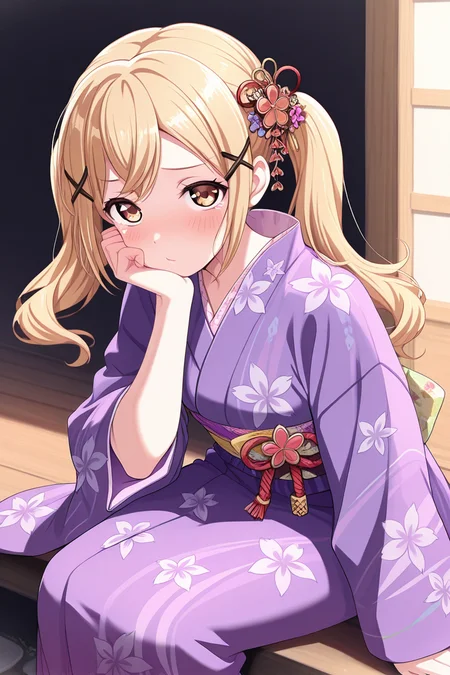 masterpiece, best quality, amazing quality,
<lora:Arisa_IL:1> arisa, 1girl, solo, japanese clothes, hair ornament, kimono, twintails, x hair ornament, blush, blonde hair, floral print, sitting, head rest, looking at viewer, purple kimono, long hair, bangs