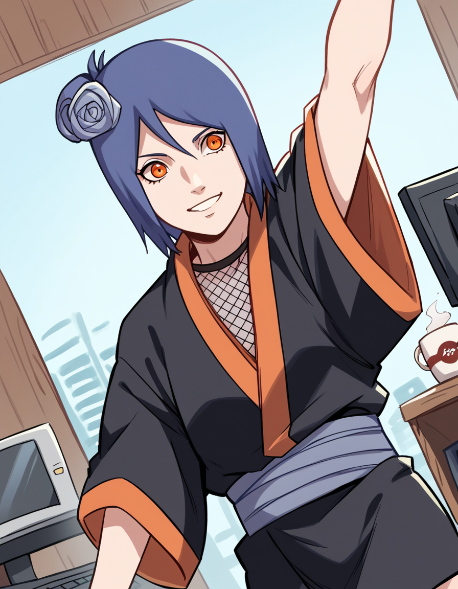 score_9, score_8_up, score_7_up, source_anime, <lora:konan-shippuden-anime-ponyxl-lora-nochekaiser:1>, konan, short hair, hair ornament, blue hair, flower, hair flower, orange eyes,, fishnets, japanese clothes, skirt,, home office, working from home, computer screen, coffee cup, focus, deadline, smile, , arm raised above head, solo,, cowboy shot, dutch angle