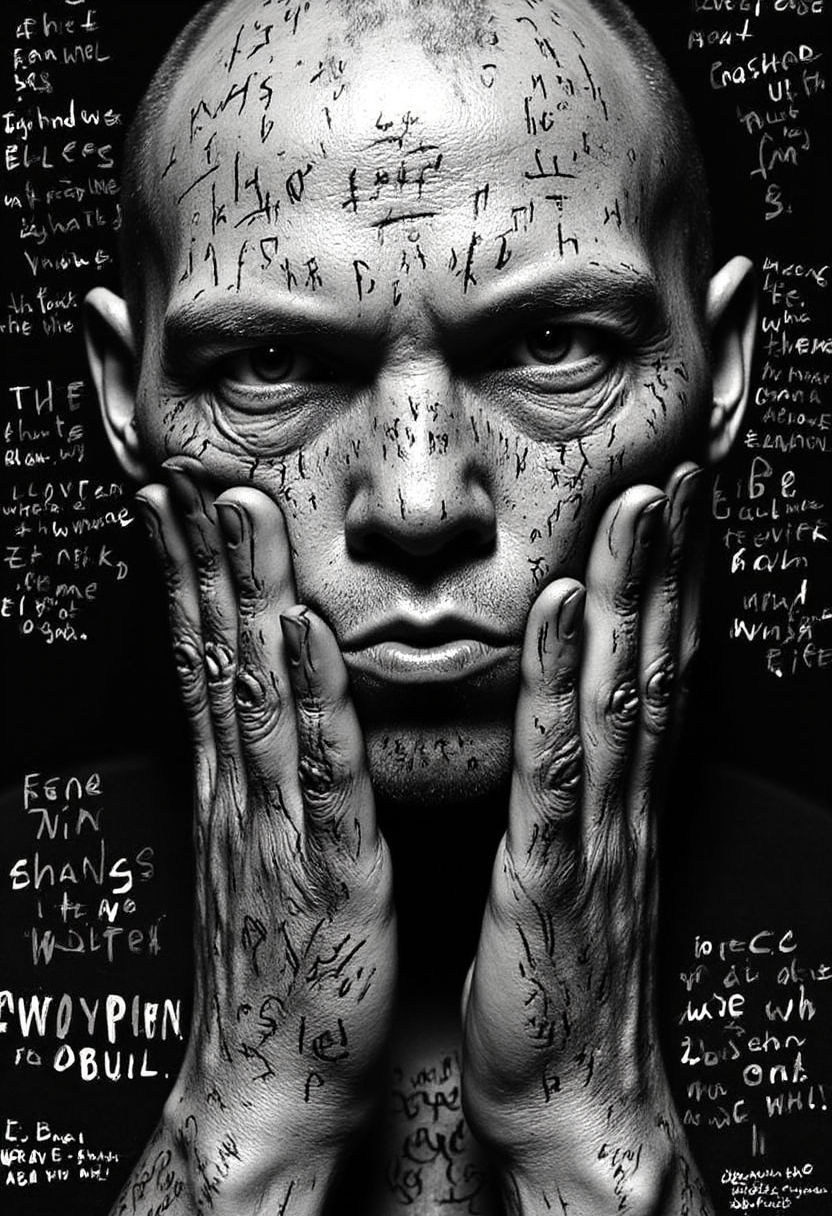 grng style poster. A close-up portrait of a 40-year-old bald man with pale skin and an intense, crazed expression. His entire face, neck, and bald scalp are covered in intricate tattooed lines of biblical scripture. The man's wide eyes and unhinged gaze add to the unsettling atmosphere, while the carefully inscribed verses give a haunting, almost surreal, impression of religious obsession.