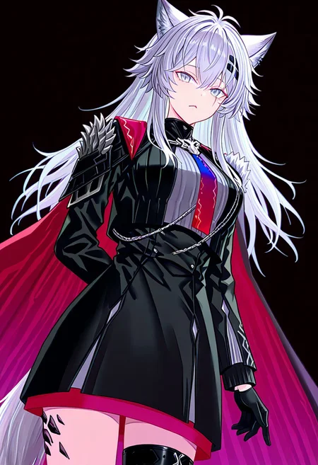 score_9, score_8_up, score_7_up, score_6_up, score_5_up, score_4_up, source_anime, solo, 1girl,
oripathy lesion \(arknights\), lpddcdza, scar across eye, wolf tail, long hair, grey hair, hair between eyes, messy hair, hairclip, animal ears, animal ear fluff, grey eyes, two-sided cape, black cape, red cape, black jacket, cropped jacket, open jacket, long sleeves, grey shirt, gradient necktie, blue necktie, red necktie, black gloves, black skirt, high-waist skirt, buttons, double-breasted, thigh strap,
masterpiece, best quality, very aesthetic, absurdres,