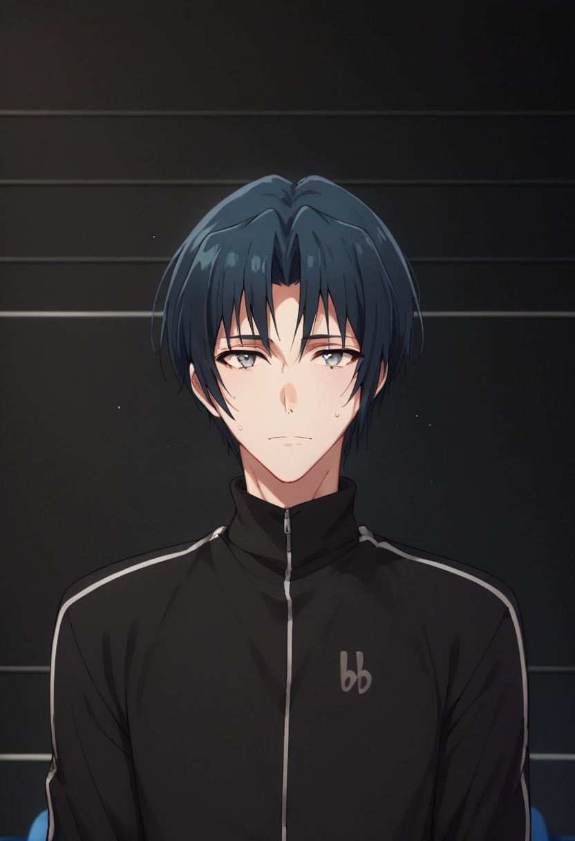 score_9, score_8_up, score_7_up, source_anime, highly detailed, 
iorizumi, 1boy, male focus, solo, track suit, grey eyes, black hair, jacket, blue hair, track jacket, looking at viewer, upper body, tired, sweat, light smile,
