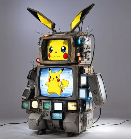 A photo of a mechanical Pikachu robot made out of old CRT screens <lora:Made_out_of_old_CRT_screens_-_SDXL_LoRA:1>