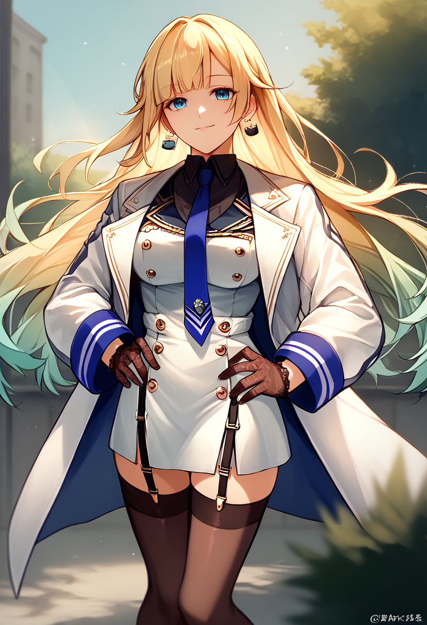 score_9, score_8_up, score_7_up, solo, 1girl, aizawa2nd, smile, looking at viewer, standing, hands on own hips, long hair, blunt bangs, white coat, long sleeves, white dress, buttons, double-breasted, black shirt, collared shirt, blue necktie, black gloves, black thighhighs, garter straps, earrings, large breasts, outdoors <lora:vspo_emaaizawa_ponyXL:1>