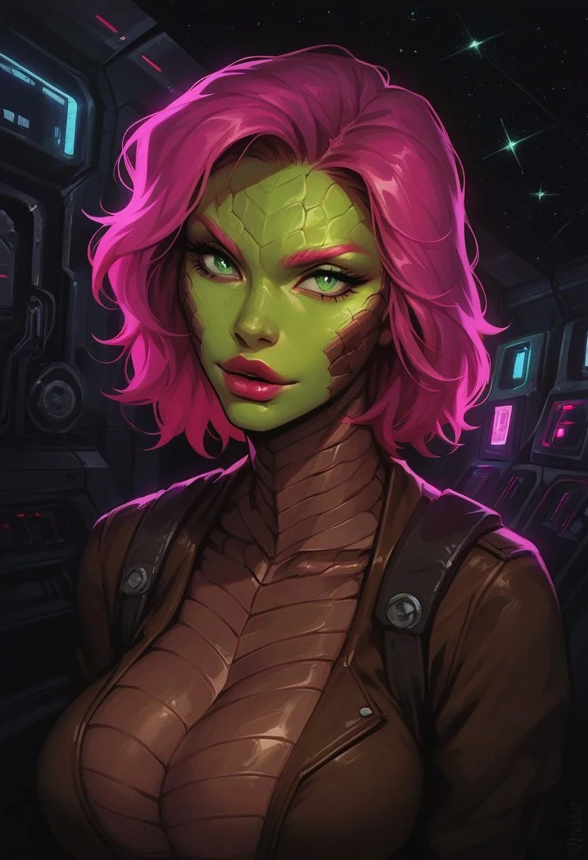score_9, score_8_up, score_7_up, score_6_up, gundamwingcockpit, alien, lamia, snake, green skin, serpent, futuristic, scifi, brown latex, jumpsuit, huge breasts, solo, pink hair, gloves, g0thicPXL, dutch angle, sly, displays, technology, glowing, neon, green eyes, spaceship, stars, portrait, (big lips:0.7), scaly skin, close up