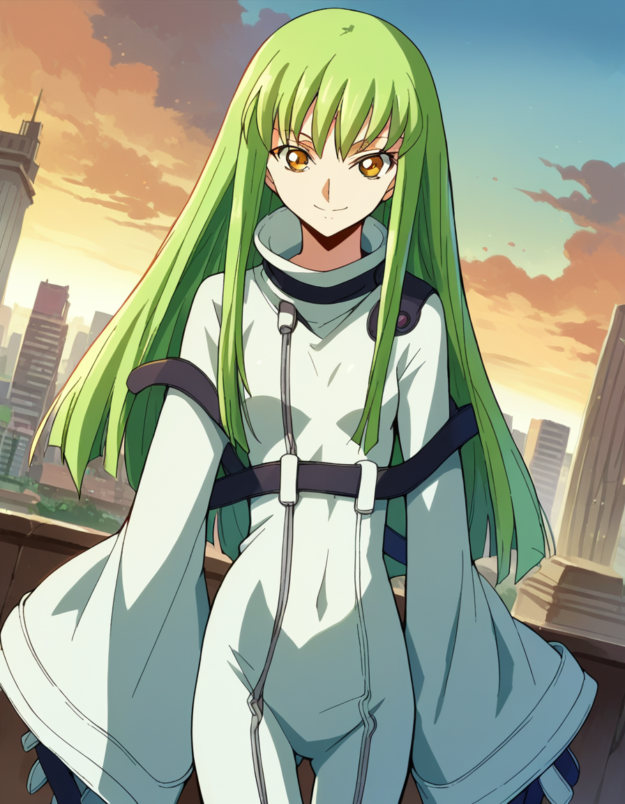 score_9, score_8_up, score_7_up, source_anime,
codegeasscc, <lora:code-geass-cc-s1-ponyxl-lora-nochekaiser:1>,
cc, c.c., yellow eyes, green hair, long hair, straight hair,
straitjacket, white straitjacket, wide sleeves,
outdoors, cityscape, smile,
looking at viewer, cowboy shot, dutch angle, solo,