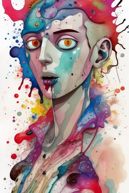 watercolor & pen, dada by tomer hanuka accurate. drip assemblage that is both chaotic & beautiful. a multitude of colors & shapes in a constant state of motion. the viewer's eye is drawn to the center of the assemblage, where a large, swirling mass of color & light dominates the composition. energy & movement.