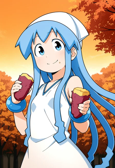 1girl, solo, <lora:ikmsm_illustrious_v7:1> ikmsm, ikamusume, white headwear, white dress, sleeveless, bracelet, 
(holding 2sweet potato in each hand), smile, food on cheek, looking at viewer, 
autumn sky, upper body,
general, masterpiece, best quality, anime coloring,