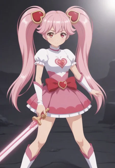 (outdoor, rubble, fantasy background, dim lighting:1.5), 
8k, super high vision:, intricate details, Super high quality, Super high resolution, masterpiece, full color, (anime art, anime screencap:1.5), 
super cute girl, super cute face, 
narrow waist, top heavy, tiny hips, small hips, skinny, tiny hips, hips, thigh, thighs, 
(brave perspective, holding sword, hold with both hands, thunder sword, dynamic, standing:1.5), 
(magical girl, short sleeve, skirt, knee socks:1.5), 
(beautiful breasts, medium breasts:1.5), 
(1girl, soro:1.5), 
(lyrica, long hair, pink hair, twin tails, heart twintail ribbon, short girl, petite, cowboy shot:1.5),
