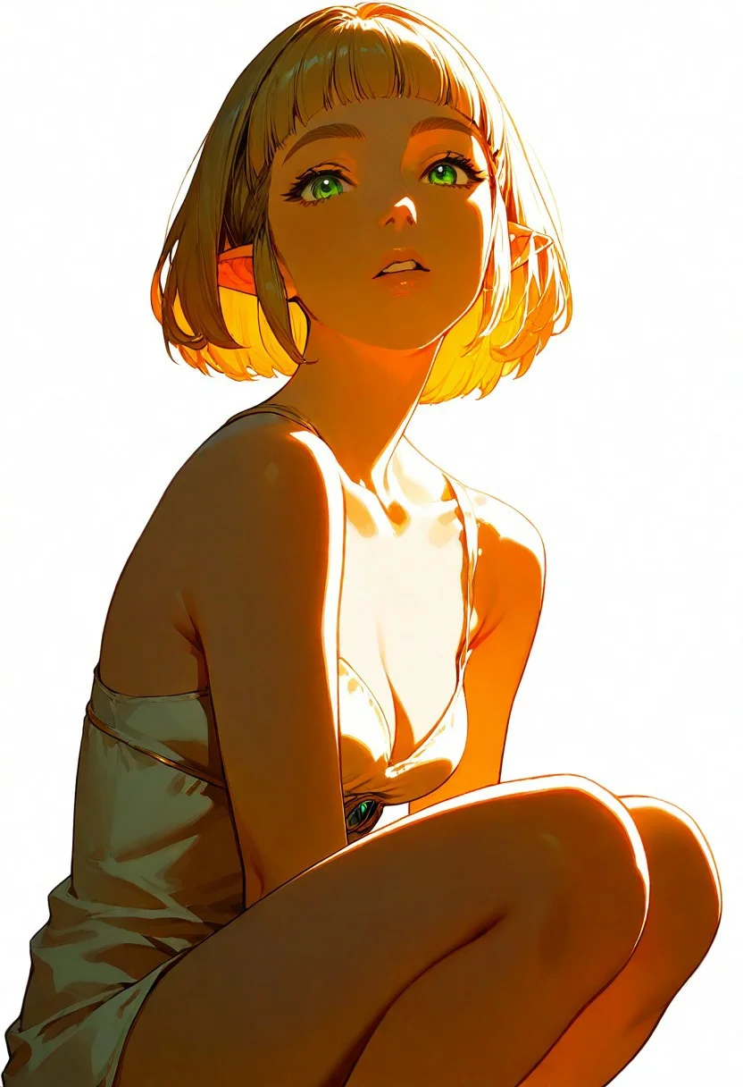 1girl, princess zelda,bob cut, blonde hair
teeth, lips, thin lips,
solo, looking at viewer,
while body, squatting,
masterpiece, best quality, very aesthetic
