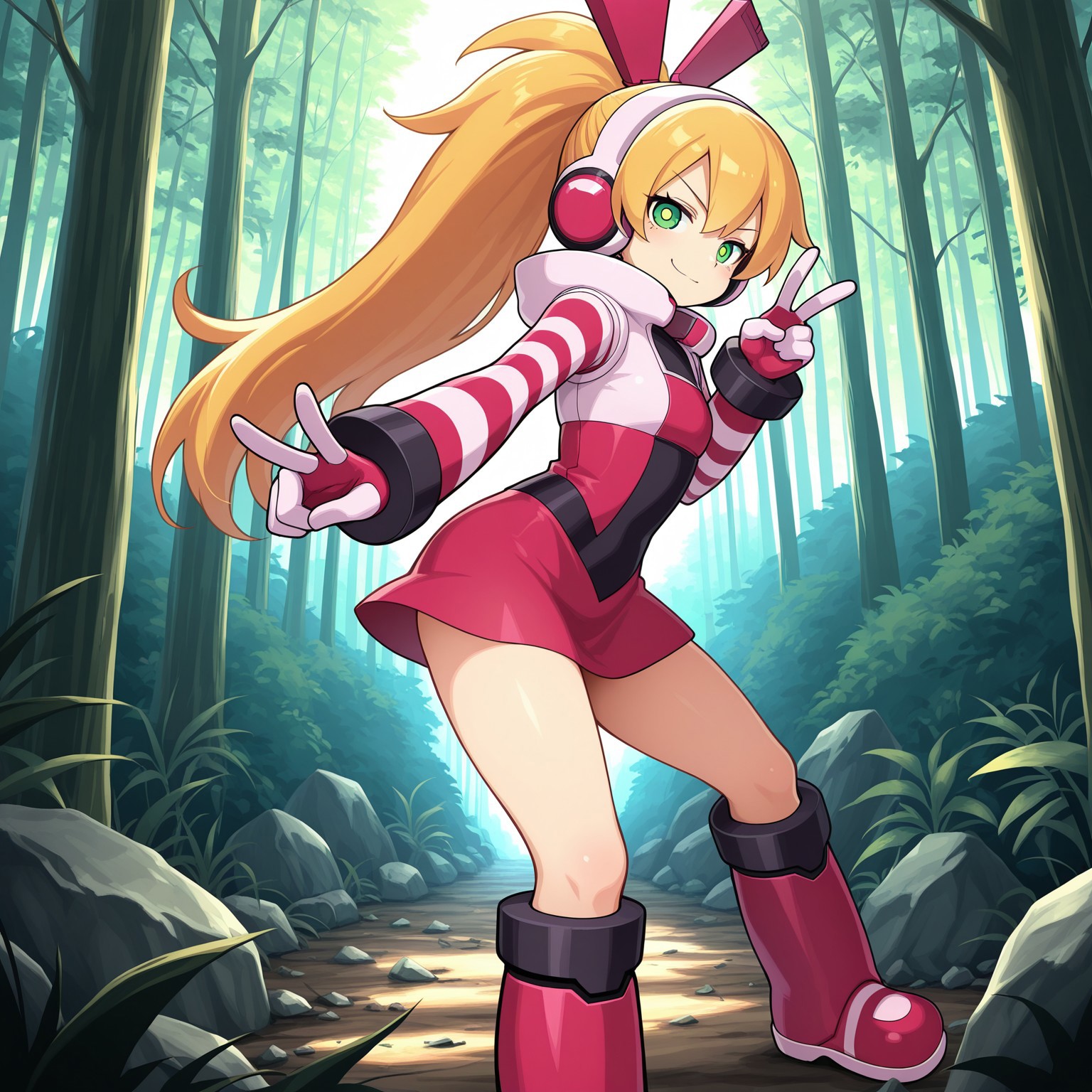 masterpiece, best quality, break, ca_mnn, blonde hair, long hair, ponytail, headphones, green eyes, ribbon, gloves, striped sleeves, skirt, knee boots, skirt, v, looking at viewer, smirk, forest, natural lighting