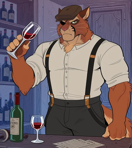 roly, jinu, (solo), anthro, furry, male, manly, viktor vasko, muscular, bara, shirt, pants, hat, suspenders, bartender, wine glass, wine bottle, serious, behind table, serious, 
BREAK masterpiece, best quality, amazing quality, very aesthetic, high resolution, ultra-detailed, absurd res, newest,   <lora:ViktorVasko:1>