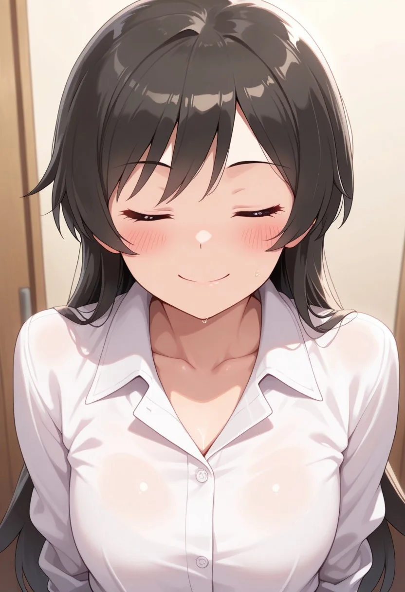masterpiece,best quality,amazing quality, matsumoto kouko, long hair, black hair, 1girl, smile, closed eyes, solo, shirt, blush, closed mouth, white shirt, collared shirt, collarbone, facing viewer