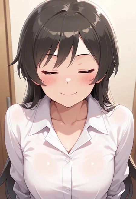 masterpiece,best quality,amazing quality, matsumoto kouko, long hair, black hair, 1girl, smile, closed eyes, solo, shirt, blush, closed mouth, white shirt, collared shirt, collarbone, facing viewer