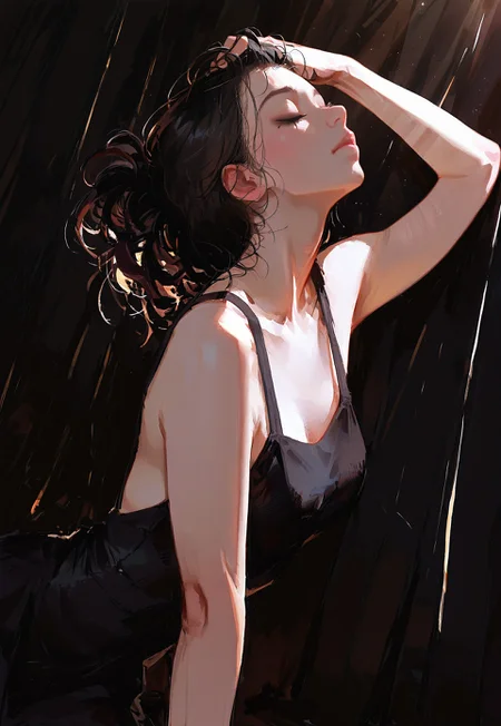 masterpiece, best quality, masterpiece, high detail, detailed linework, dynamic composition, realistic, sunlight, soft light, 1girl, solo, pinned up hair, dark hair, closed eyes, dark lashes, black dress, A-line dress, sleeveless, posing