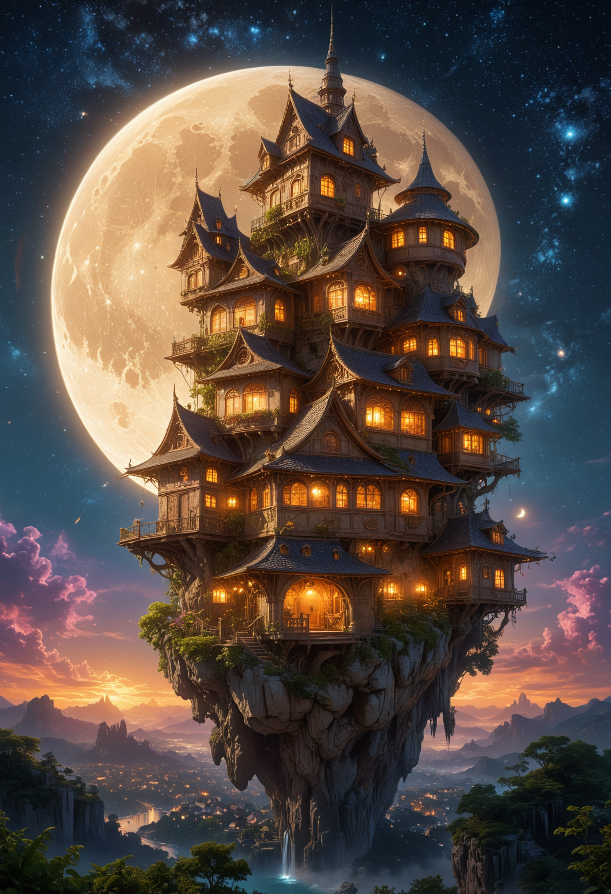 cinematic and fantasy scene, a multi-story fantasy house perched on a floating island, each level with unique architectural design, The house is warmly lit from within, welcoming glow against a night sky backdrop, A large radiant crescent moon should be present in the background, casting a soft light over the scene, The sky is filled with twinkling stars, magical and dreamlike atmosphere, <lora:Niji:0.7>, <lora:add-detail-xl:1>, <lora:SDXLFaeTastic2400:0.3>