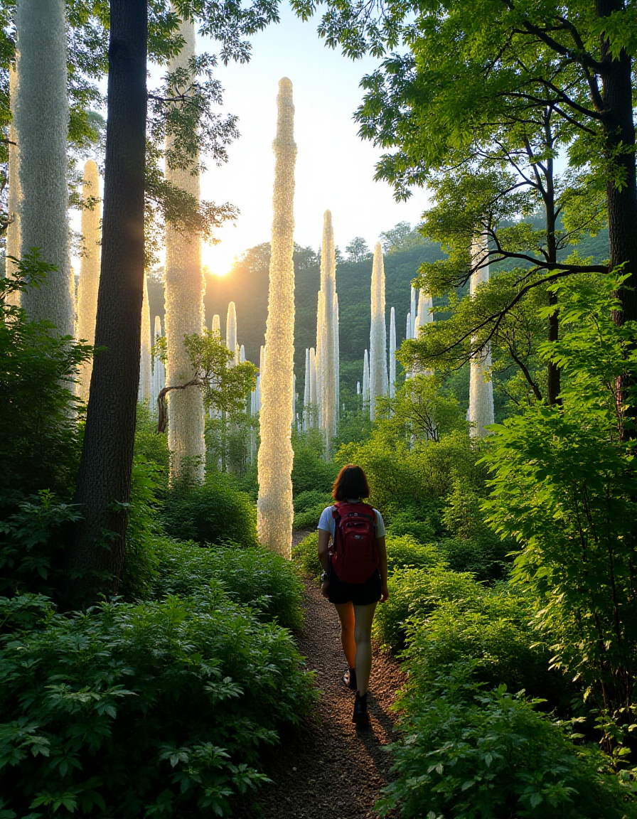 A photograph of an adventurous 21-year-old Korean woman hiking through a lush green forest on a solo trek in Seoraksan National Park, where the trees have transformed into towering, crystalline spires that refract and reflect the light of the setting sun., <lora:amateurphoto-v5-14-15-1-1:0.4> <lora:Another_Amateur_Lora:0.4> <lora:Phlux:0.4> <lora:UltraRealistic_Lora_Project:0.4>