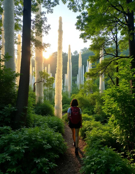 A photograph of an adventurous 21-year-old Korean woman hiking through a lush green forest on a solo trek in Seoraksan National Park, where the trees have transformed into towering, crystalline spires that refract and reflect the light of the setting sun., <lora:amateurphoto-v5-14-15-1-1:0.4> <lora:Another_Amateur_Lora:0.4> <lora:Phlux:0.4> <lora:UltraRealistic_Lora_Project:0.4>