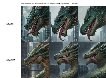 <lora:illustriousXLv01_stabilizer_v1.185c:0.8>dragon head,close-up,green scales,portrait,looking at viewer,sharp teeth,smirk,from side,tongue out,city,water drop,raining,[:masterpiece:0.1],
