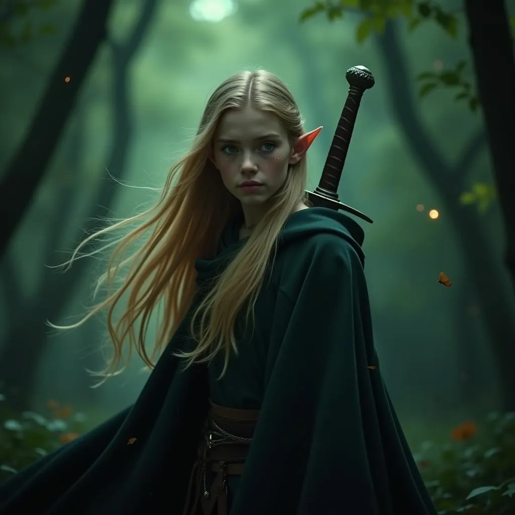 A young female elf stands in a dimly lit forest, her long blonde hair flowing behind her like a golden waterfall. Her piercing green eyes glow as if illuminated by an ethereal energy. She wears a dark, hooded cloak that falls to her feet, its edges billowing behind her like a dark cloud. A longsword lies across her back, its blade glinting faintly in the dim light. The elf's pointed ears are visible, and her face is set in a determined expression. The camera angle is low, with the elf standing at the center of the frame, her gaze directed downward as if lost in thought. The surrounding foliage is blurred, with soft, emerald-green lights flickering through the trees like fireflies on a summer night. The overall effect is one of mystical, dreamlike wonder, as if the elf has stepped out of a fantasy novel and into the viewer's world