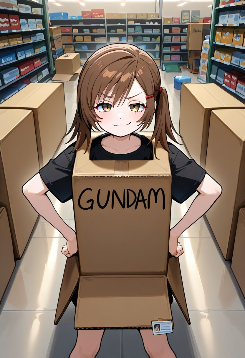masterpiece, best quality, absurdres, 1girl, female focus, solo, misa_GB, brown hair, brown eyes, flat chest, hair ornament, hair clip, asymmetrical hair, short twintails, ha_ko_ga, cardboard box, name tag, English text, standing, store, smug, hands on own hips, indoors, standing, black shirt, t-shirt