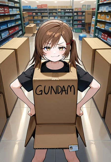 masterpiece, best quality, absurdres, 1girl, female focus, solo, misa_GB, brown hair, brown eyes, flat chest, hair ornament, hair clip, asymmetrical hair, short twintails, ha_ko_ga, cardboard box, name tag, English text, standing, store, smug, hands on own hips, indoors, standing, black shirt, t-shirt