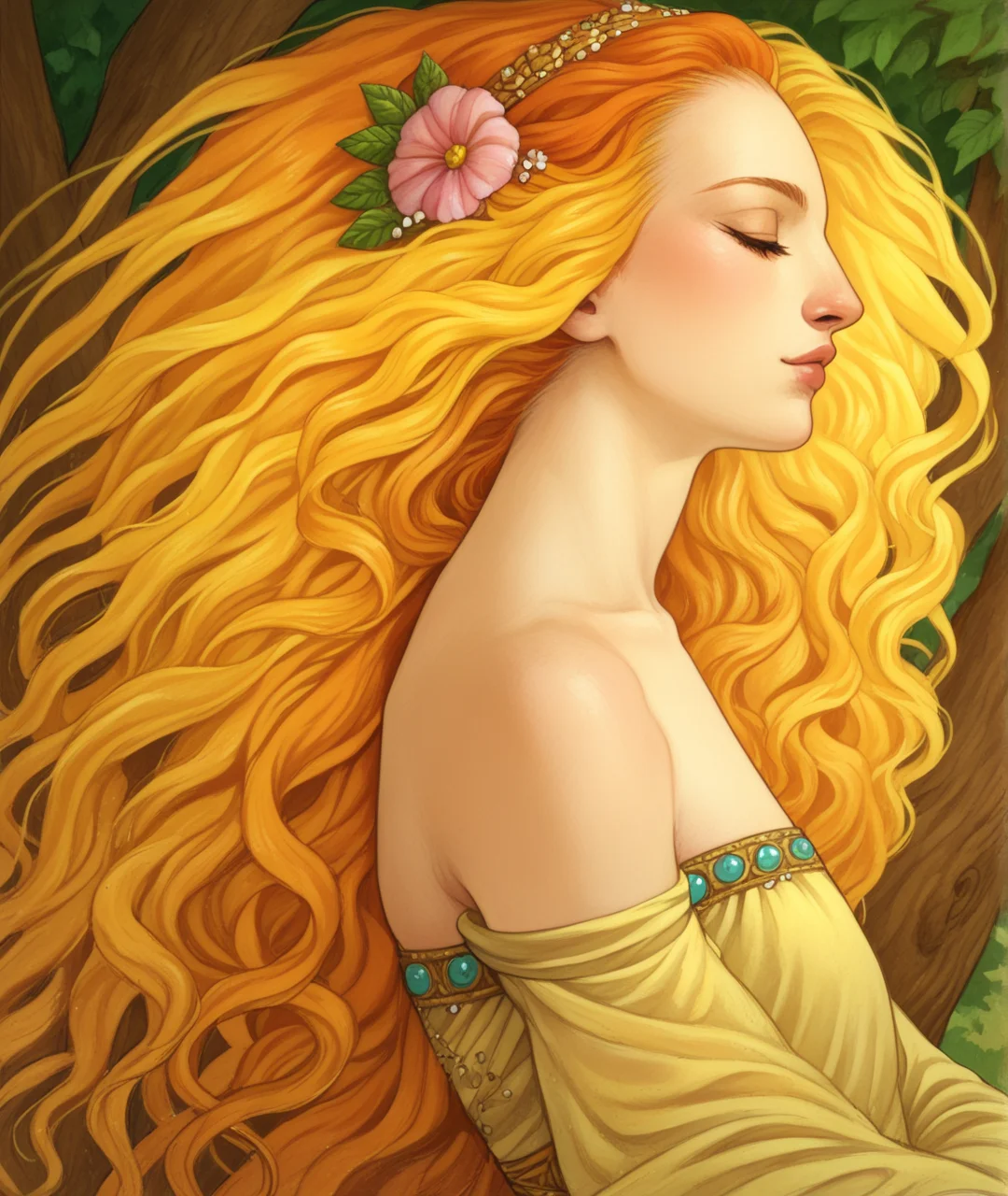 score_9, score_8_up, score_7_up, score_6_up,
BREAK
1girl, solo, tree, flower, long hair, profile, bare shoulders, traditional media, hair ornament, hair flower, dress, upper body, floating hair, orange hair, lips, painting, (medium), closed eyes, blonde hair
<lora:RGv2:1>
