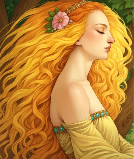 score_9, score_8_up, score_7_up, score_6_up,
BREAK
1girl, solo, tree, flower, long hair, profile, bare shoulders, traditional media, hair ornament, hair flower, dress, upper body, floating hair, orange hair, lips, painting, (medium), closed eyes, blonde hair
<lora:RGv2:1>
