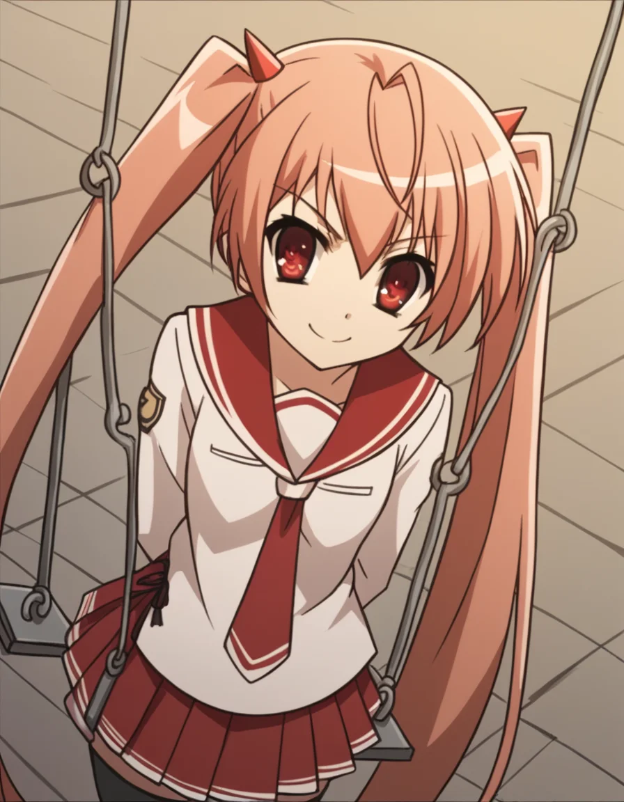 score_9, score_8_up, score_7_up, source_anime, <lora:aria-holmes-kanzaki-s1-ponyxl-lora-nochekaiser:1>, aria holmes kanzaki, long hair, red eyes, twintails, pink hair,, skirt, thighhighs, school uniform, serafuku, zettai ryouiki, white shirt, long sleeves, red sailor collar, necktie, red necktie, red skirt, pleated skirt,, public park, playground, swing set, laughter, sunny day, smile, hands behind back, bent over,, looking at viewer, solo,, dutch angle, cowboy shot