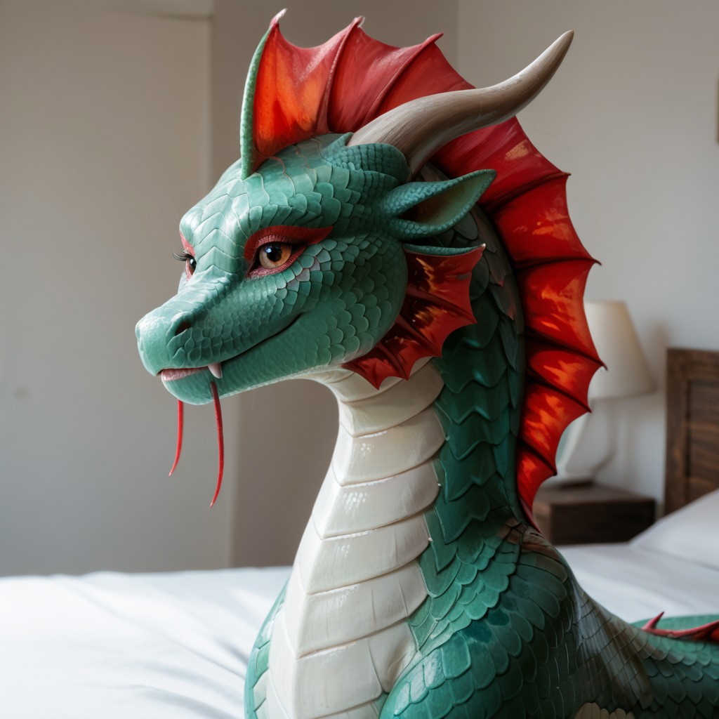 score_9, score_8_up, score_7_up, score_6_up, score_5_up, score_4_up, masterpiece, high quality, realistic, detailed, best quality, solo, rating_safe, source_furry, bedroom, smiling, seductive, looking at viewer, standing, AquaticDragon, dragon, scales, ear frill, marine dragon, marine scales, green scales, red frill, white underbelly, 1girl, female, feral, close up