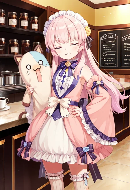 1girl, solo, little girl, <lora:eksistere_ill_v1:1>, eksistere, long hair, pink hair, frill headdress, sparkle, closed eyes, pink dress, white skirt, frill thighhighs, vertical stripes, black string from skirt, wide sleeves, bare shoulders, striped bow, yellow blue rose, white bow, doyagao, v-shaped eyebrows, smile, :3, snort, hand on own hip, holding stuffed toy, indoors, coffee lounge,
extremely detailed cg, amazing quality, very aesthetic, absurdres, newest,