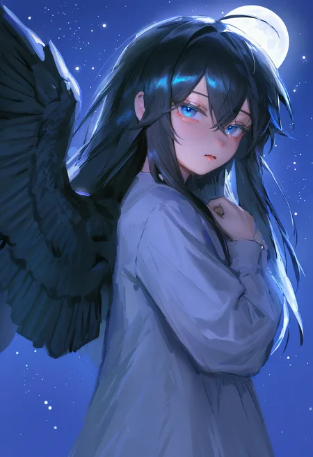<lora:bGV0c2ZpbmFsYW5zd2Vy-noobaiXLNAIXL_epsilonPred_V110_V1-CAME>, bGV0, 1girl, moon, black hair, solo, wings, full moon, long hair, looking at viewer, upper body, sky, long sleeves, black wings, blue eyes, hair between eyes, feathered wings, night, closed mouth, star \(sky\), night sky, ahoge, shirt, light particles, expressionless, outdoors, starry sky, dress, hands up, sidelocks, from side